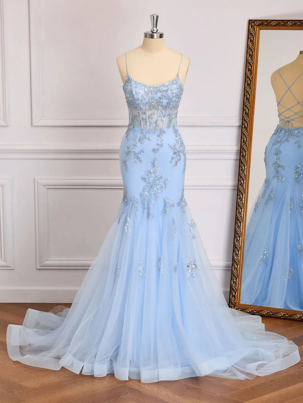Tulle Mermaid Sweetheart Spaghetti Lace Up Long Prom Gown