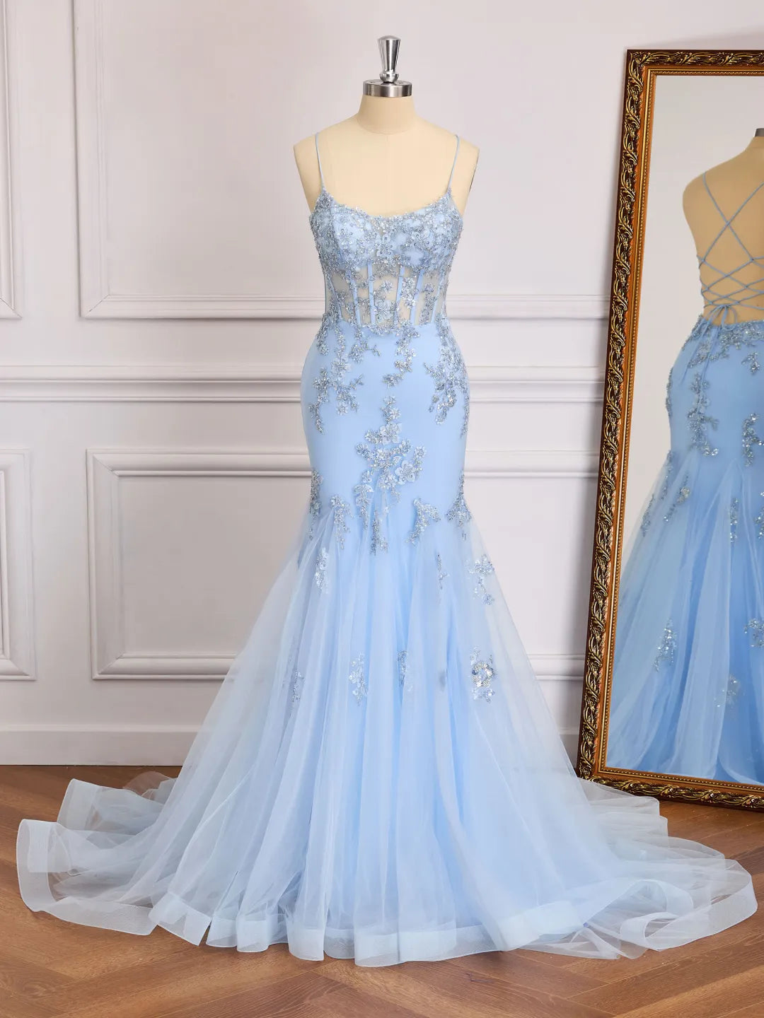 Tulle Mermaid Sweetheart Spaghetti Lace Up Long Prom Gown