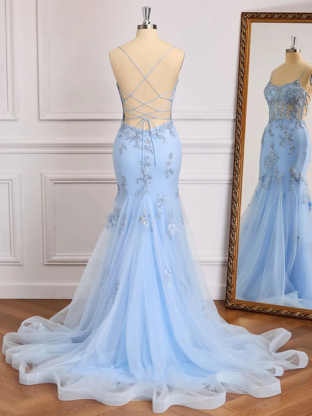 Tulle Mermaid Sweetheart Spaghetti Lace Up Long Prom Gown