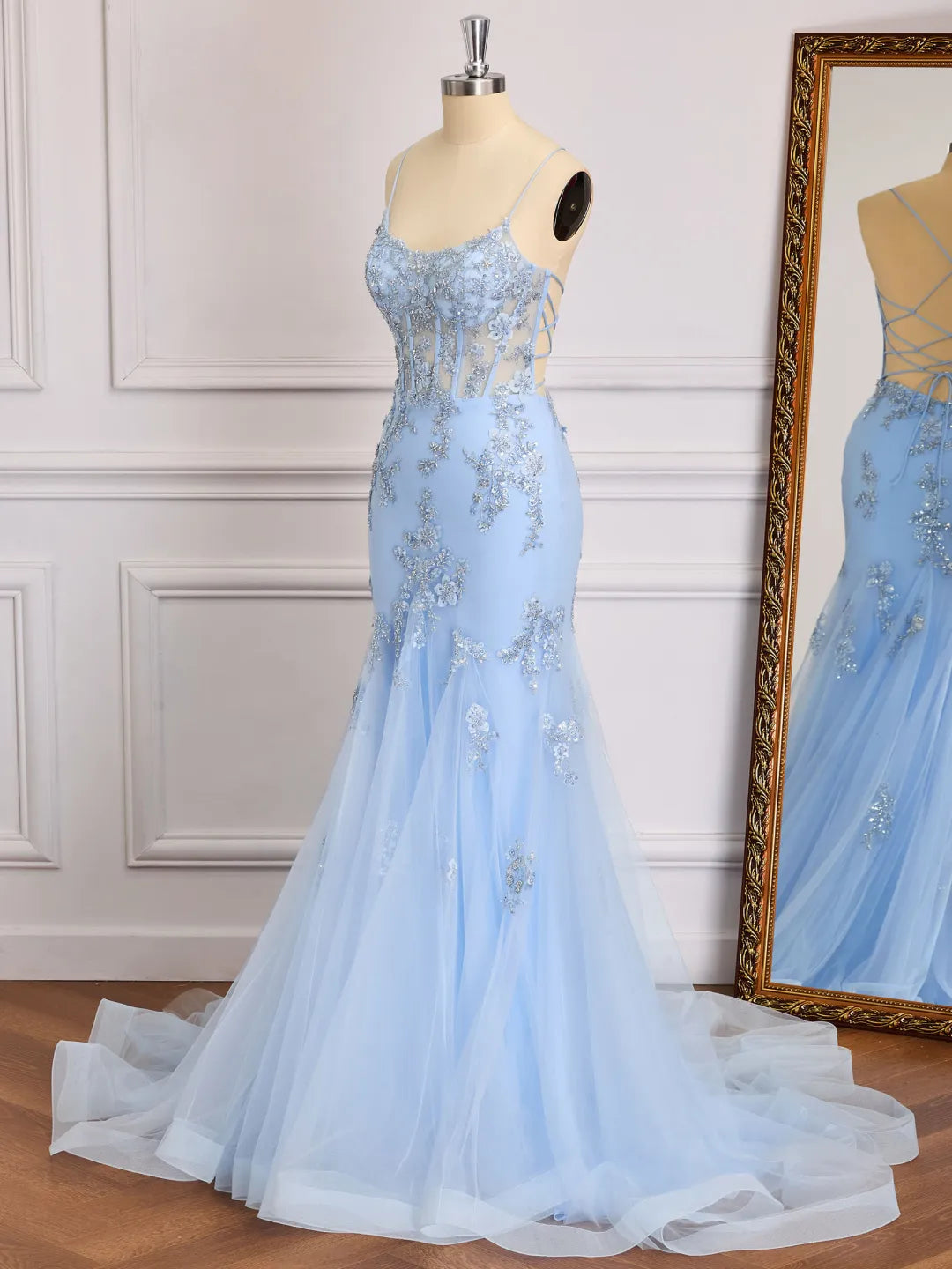Tulle Mermaid Sweetheart Spaghetti Lace Up Long Prom Gown