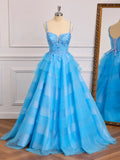 Tiered A-Line Sweetheart Spaghetti Strap Lace Up Back Long Prom Gown