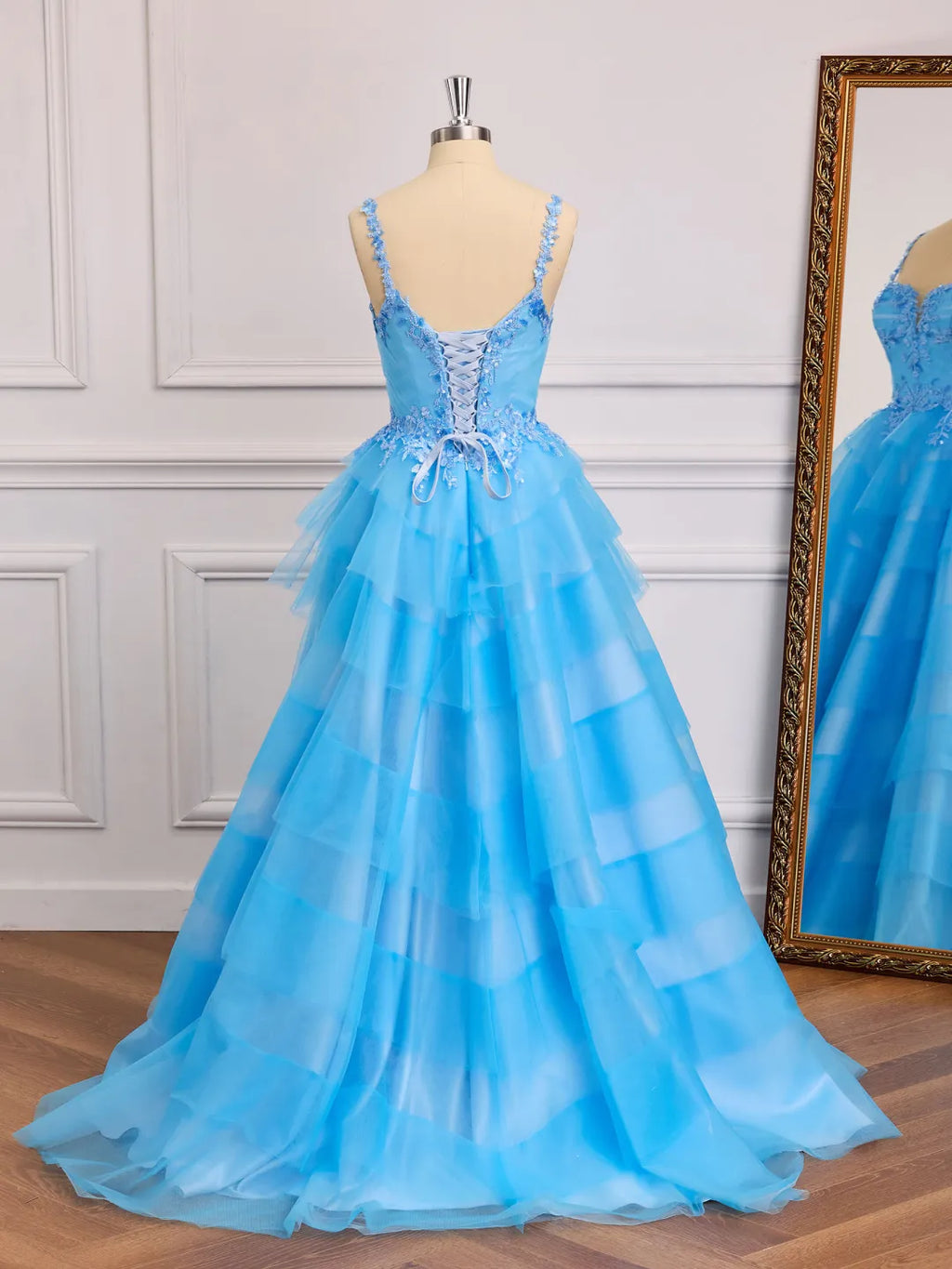 Tiered A-Line Sweetheart Spaghetti Strap Lace Up Back Long Prom Gown