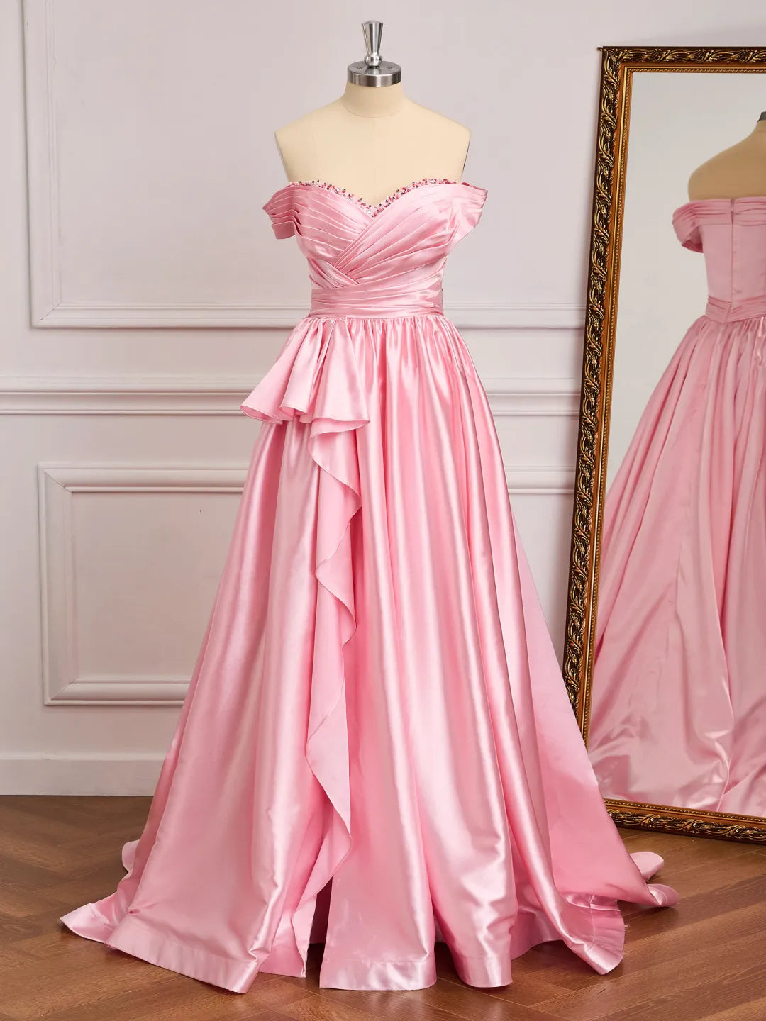Ruffled A-Line Off Shoulder Sleeveless Zipper Back Long Prom Gown