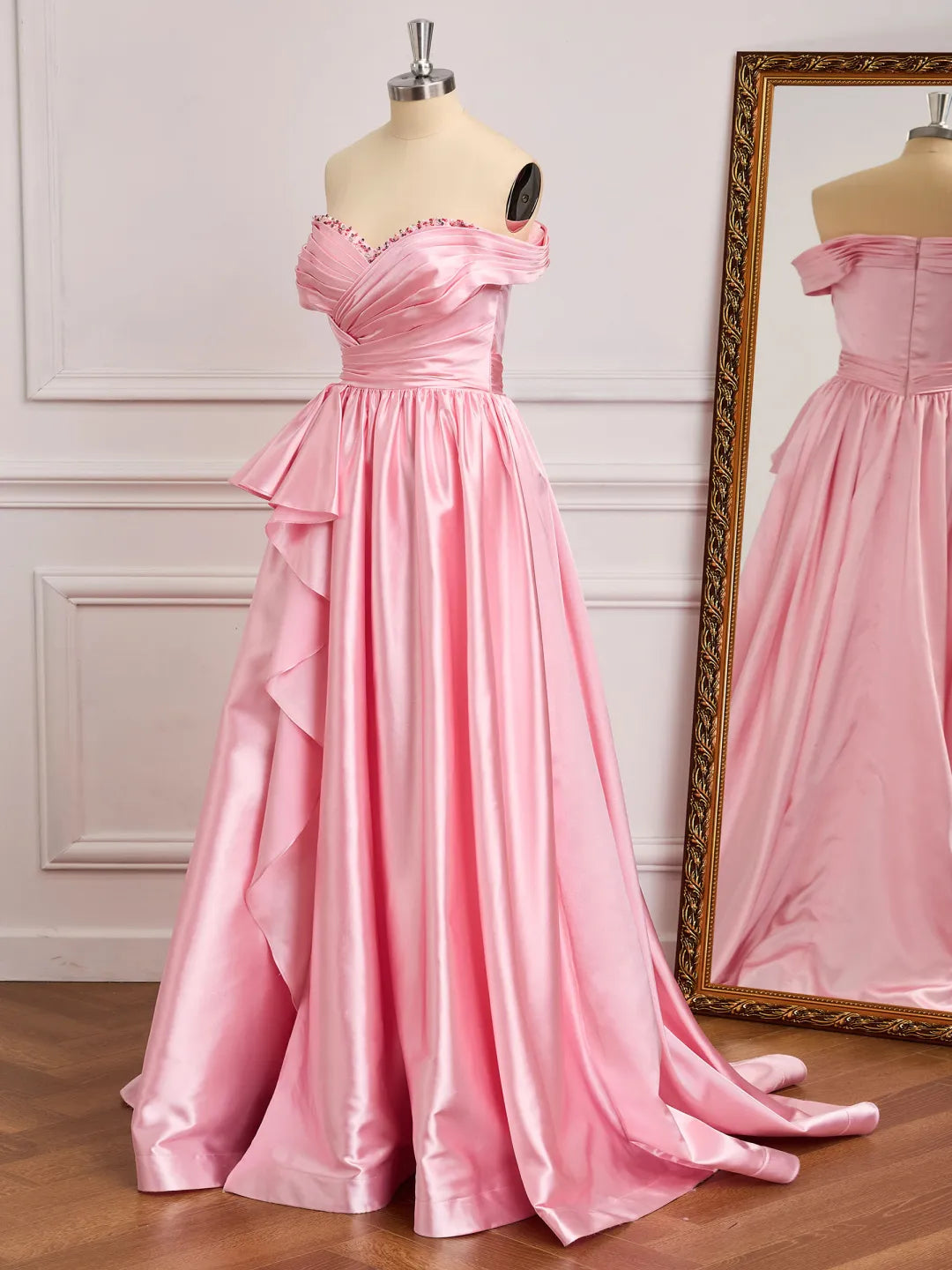 Ruffled A-Line Off Shoulder Sleeveless Zipper Back Long Prom Gown