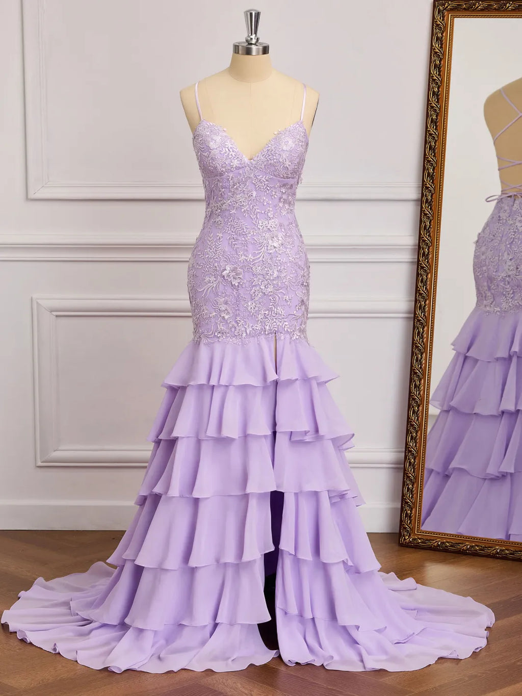 Lace Mermaid V-Neck Spaghetti Strap Crisscross Back Slit Long Prom Gown