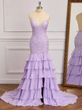 Lace Mermaid V-Neck Spaghetti Strap Crisscross Back Slit Long Prom Gown