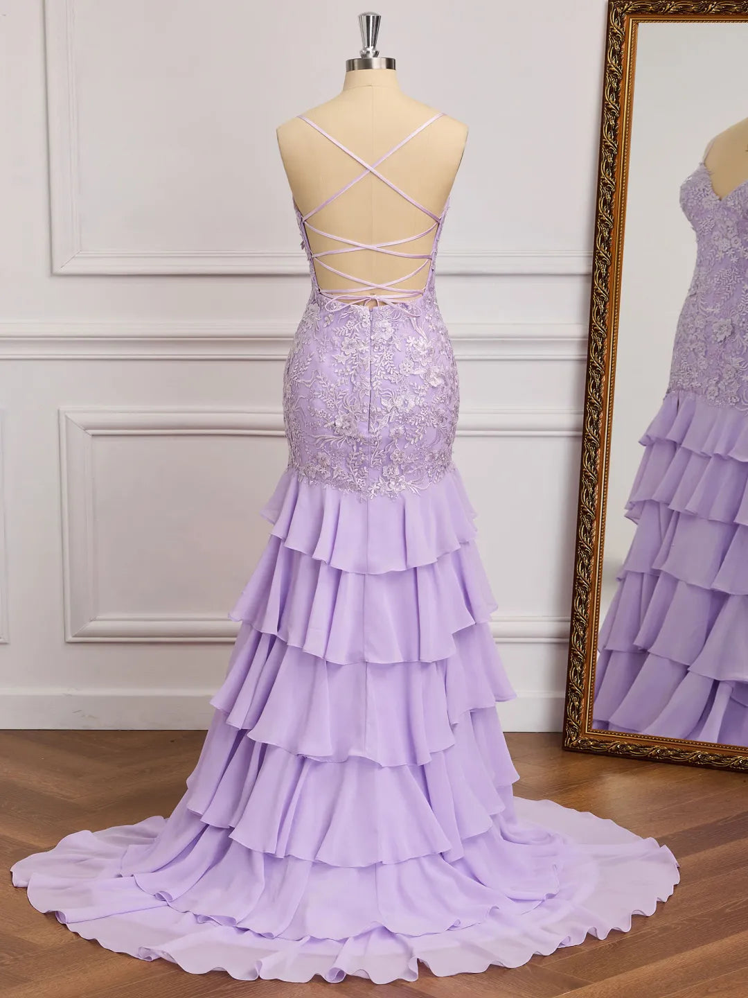 Lace Mermaid V-Neck Spaghetti Strap Crisscross Back Slit Long Prom Gown