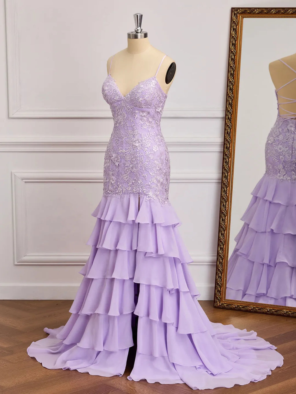 Lace Mermaid V-Neck Spaghetti Strap Crisscross Back Slit Long Prom Gown
