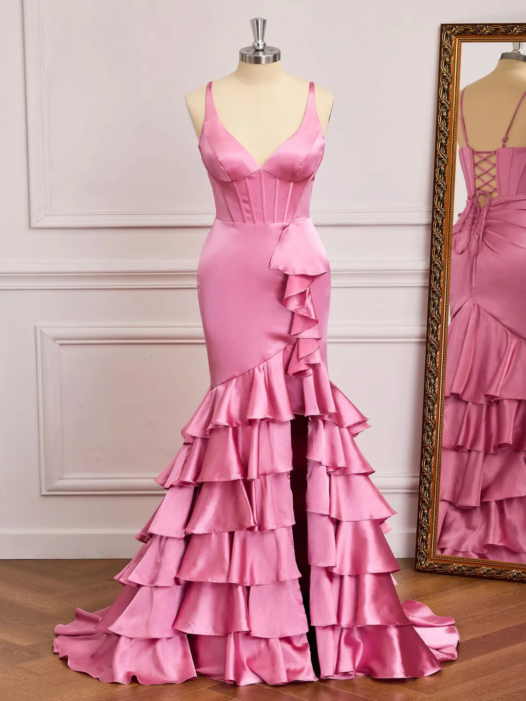 Ruffled Mermaid V-Neck Spaghetti Strap Lace Up Back Slit Long Prom Gown