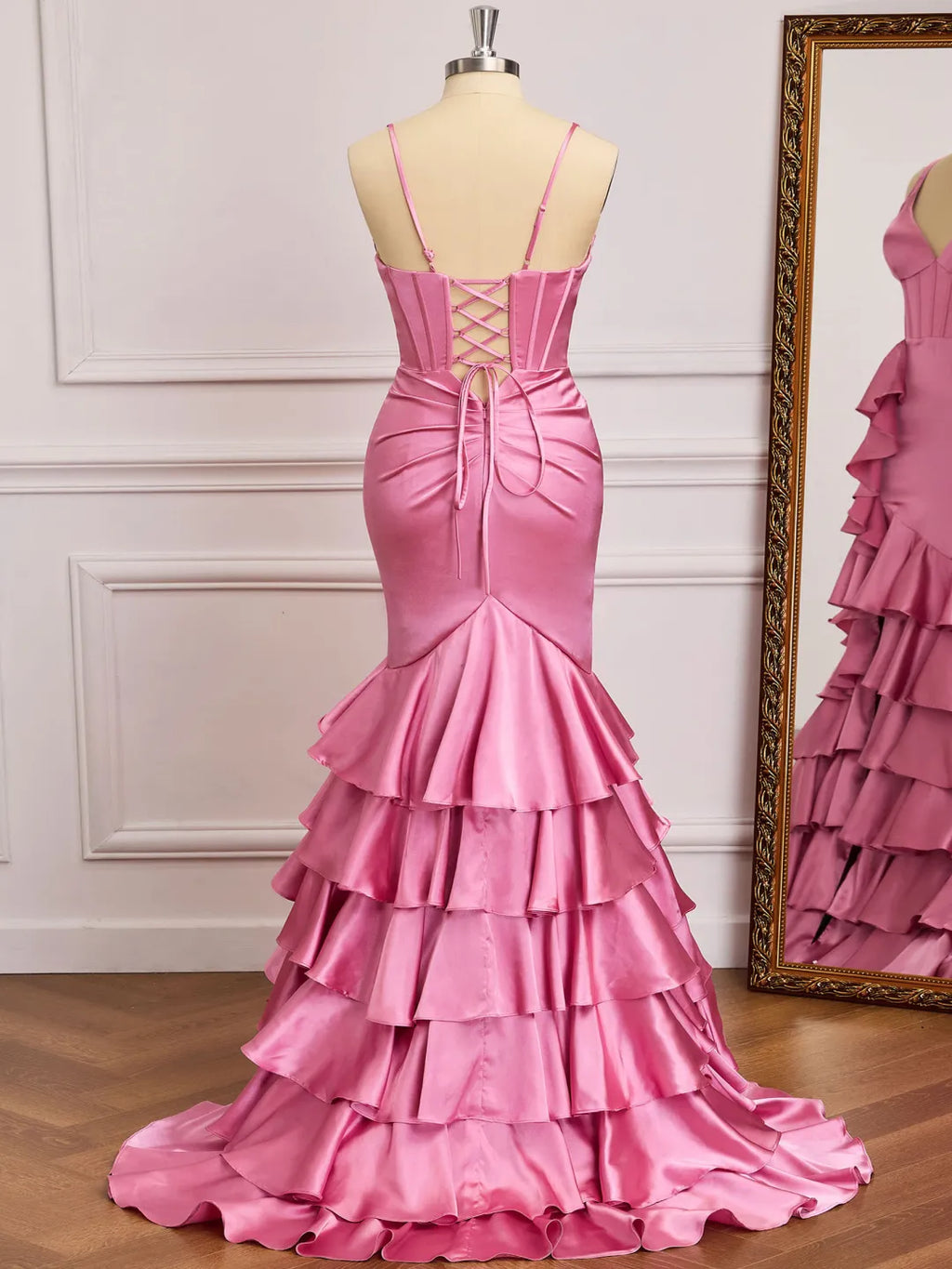 Ruffled Mermaid V-Neck Spaghetti Strap Lace Up Back Slit Long Prom Gown