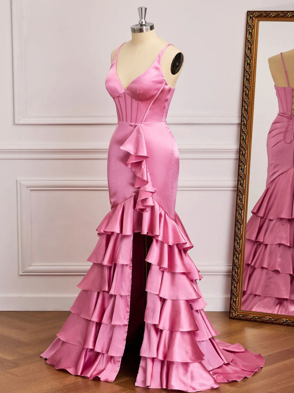 Ruffled Mermaid V-Neck Spaghetti Strap Lace Up Back Slit Long Prom Gown