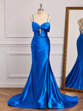 Bow Mermaid Spaghetti Strap Lace Up Slit Long Prom Gown
