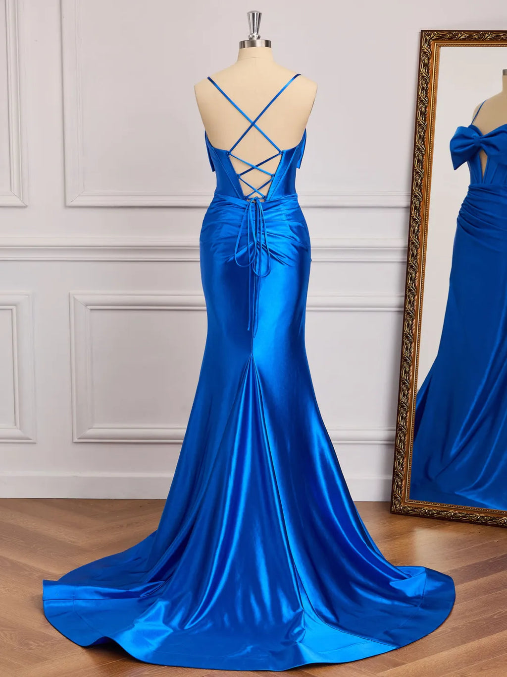 Bow Mermaid Spaghetti Strap Lace Up Slit Long Prom Gown