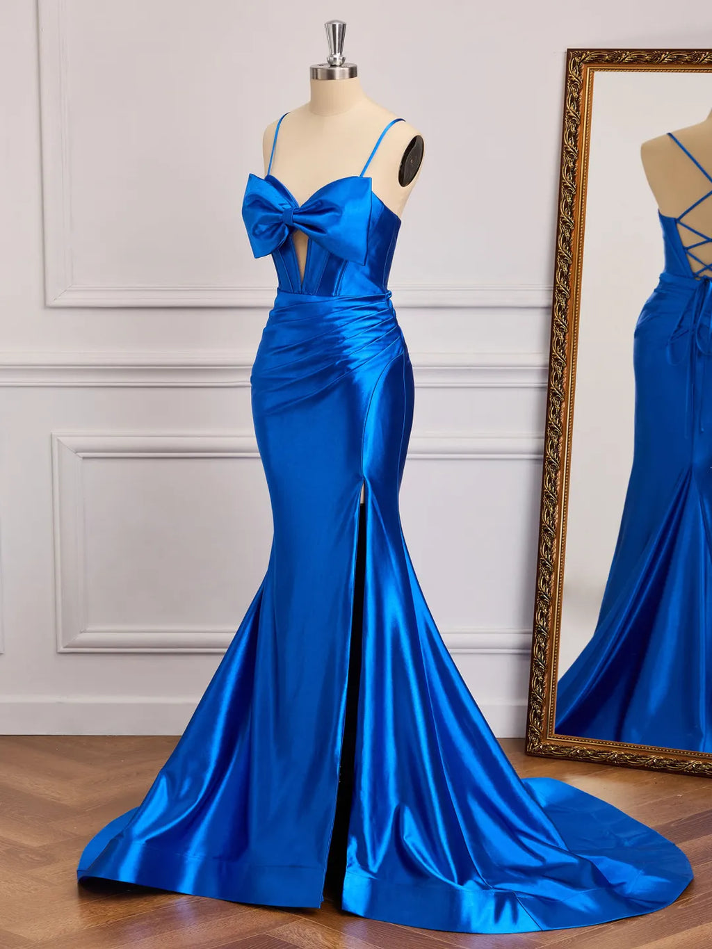 Bow Mermaid Spaghetti Strap Lace Up Slit Long Prom Gown