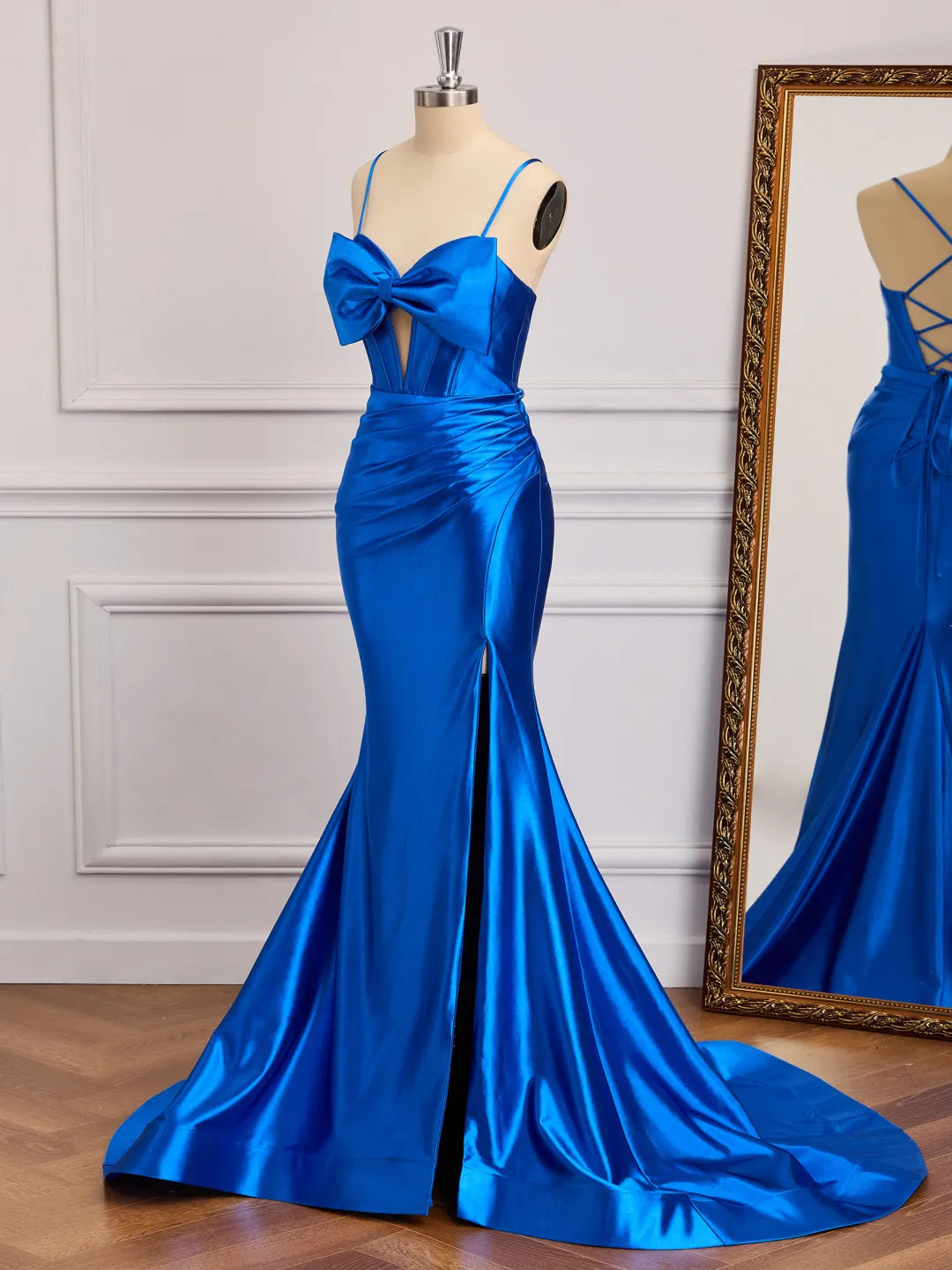 Bow Mermaid Spaghetti Strap Lace Up Slit Long Prom Gown
