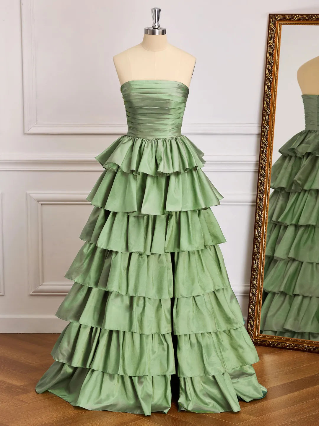 Tiered A Line Strapless Plain Back Ruffle Long Prom Gown