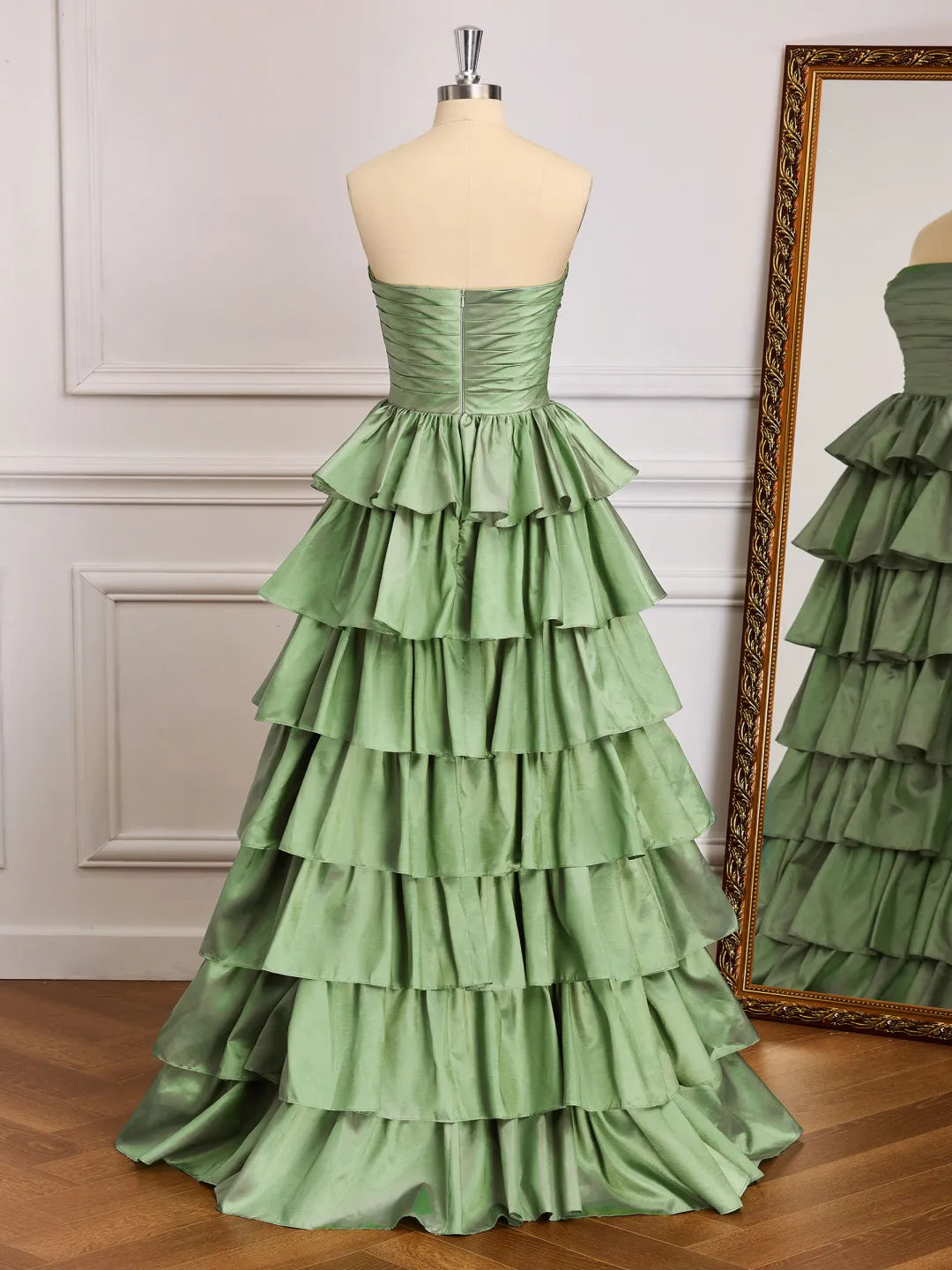 Tiered A Line Strapless Plain Back Ruffle Long Prom Gown