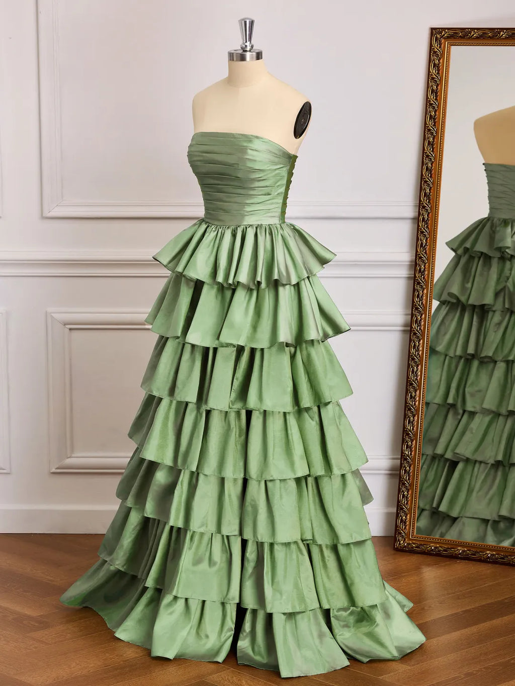 Tiered A Line Strapless Plain Back Ruffle Long Prom Gown