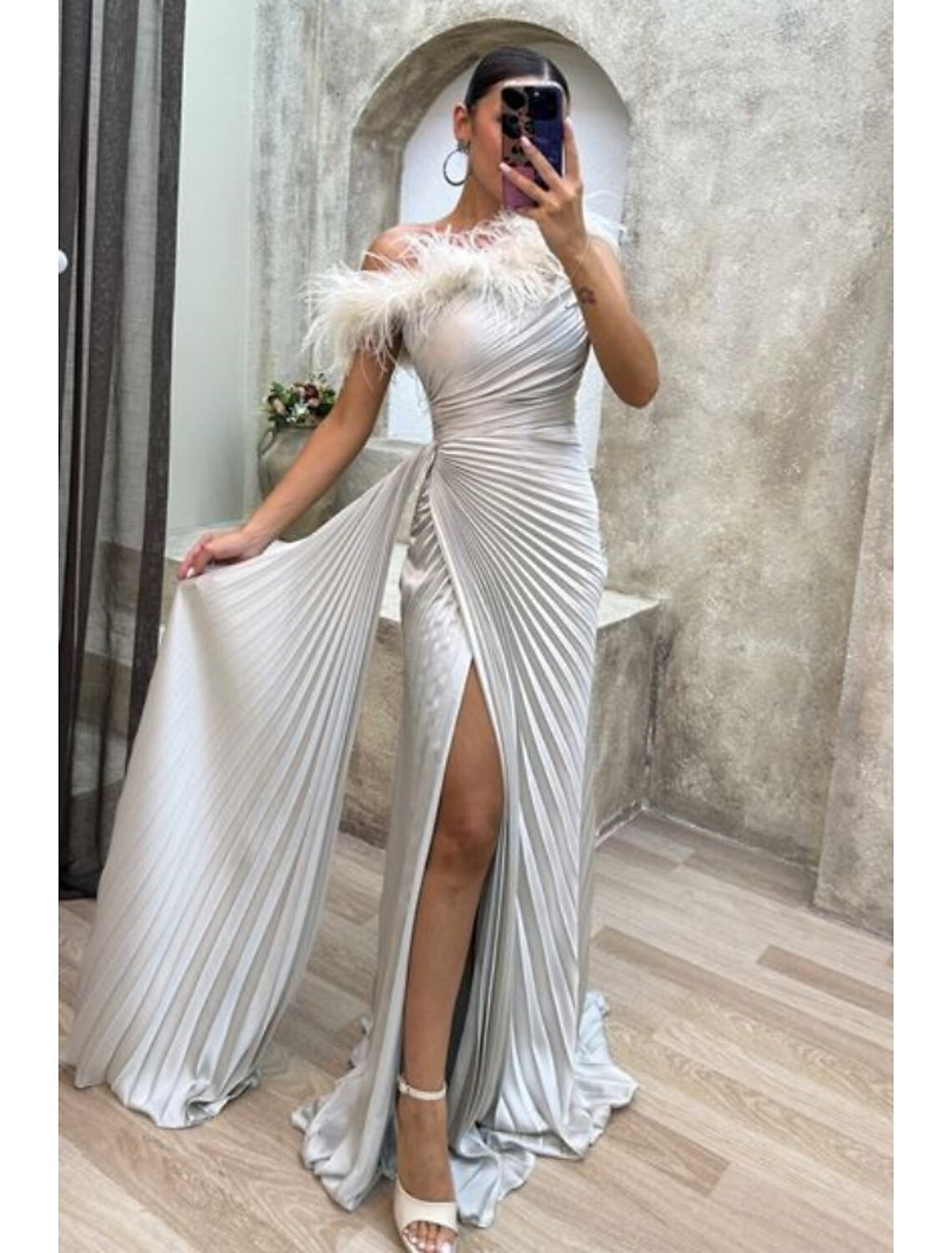 Elegant Silver Satin One Shoulder Floor-Length Evening Dress