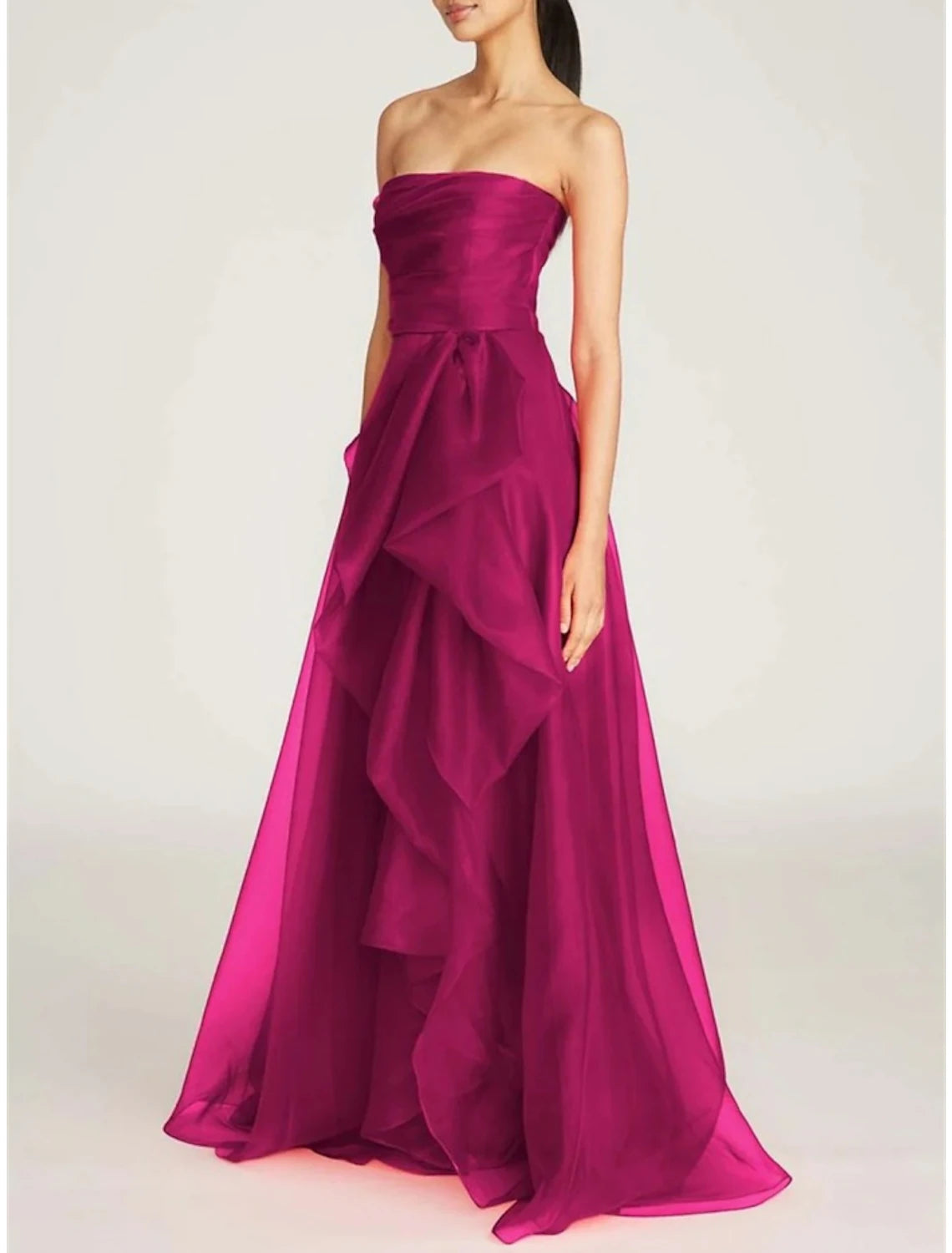 Burgundy Organza A-Line Floor-Length Evening Dress with Straight Neck