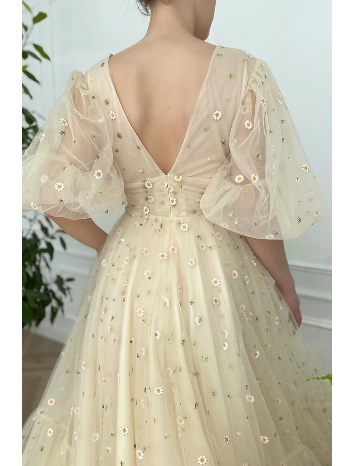 Abiti da ballo a trapezio, abito floreale, formale, da ospite di nozze, lunghezza alla caviglia, mezza manica, scollo a V, pizzo, schiena a V, pieghe e arricciato