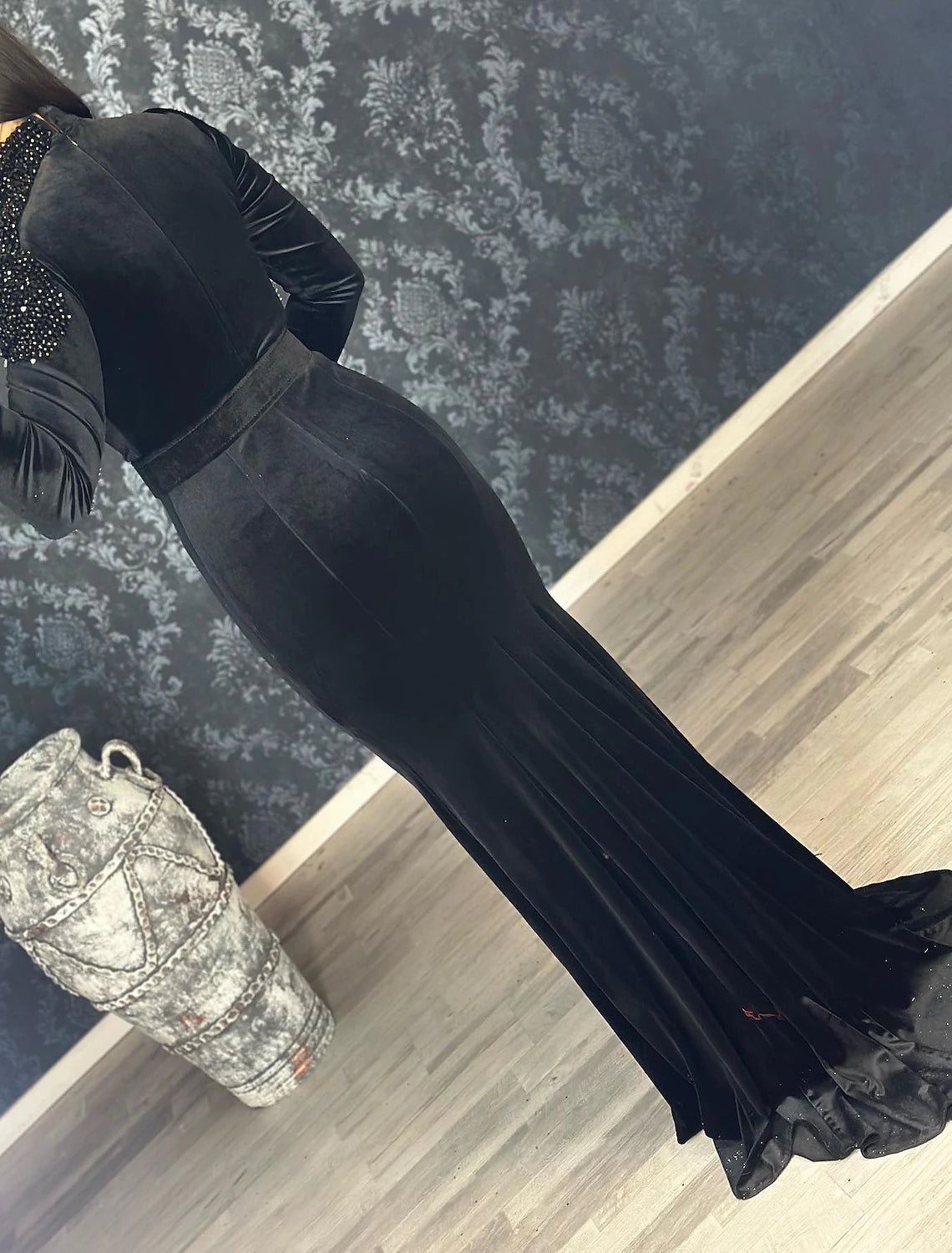 Vestido de noche de sirena/trompeta, vestido negro, vestido de invitada de boda, otoño, cola de corte, manga larga, cuello alto, terciopelo con diamantes de imitación