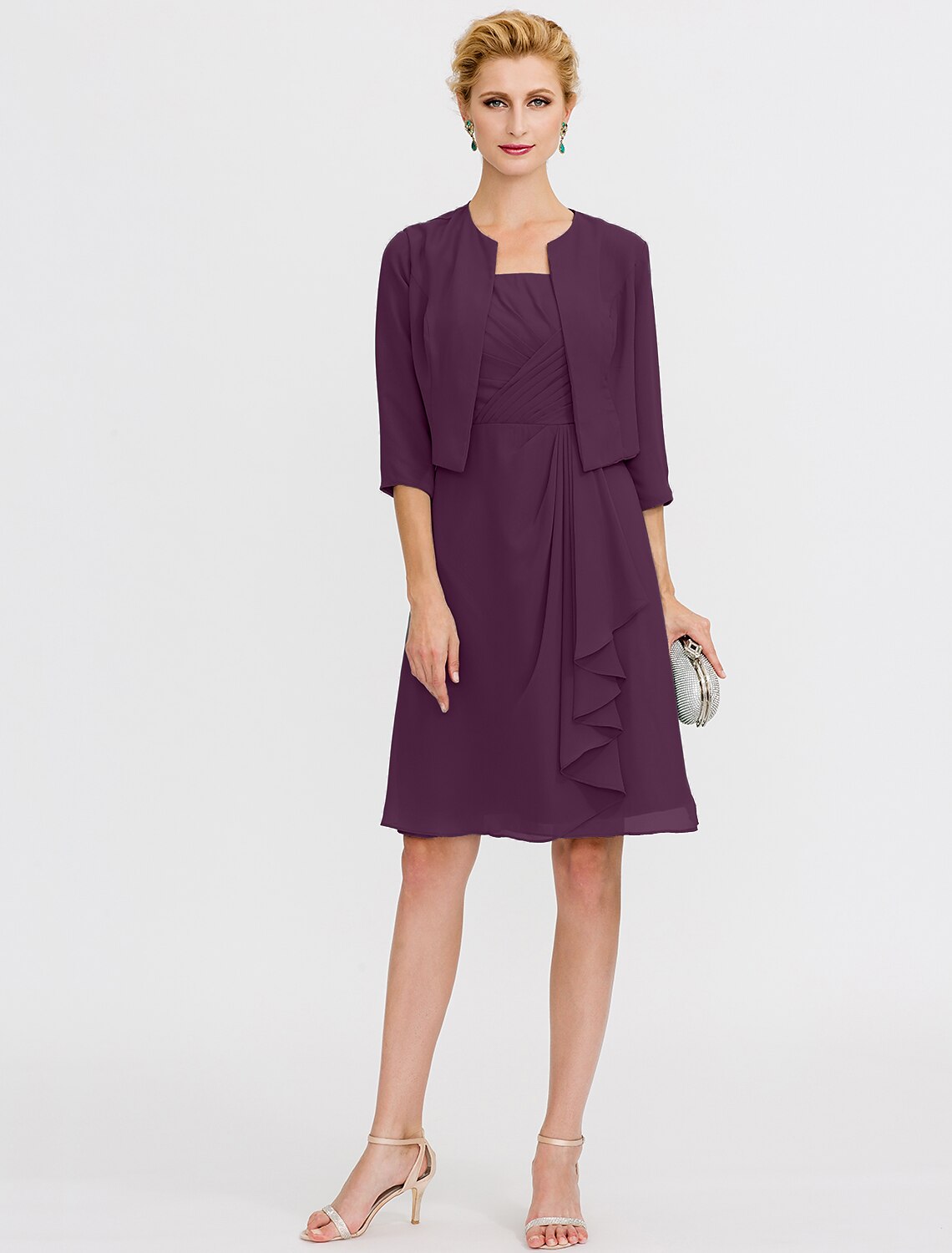 Abito da sposa a trapezio, elegante, corto/mini, in chiffon, senza maniche, con pieghe e perline, due pezzi, formale