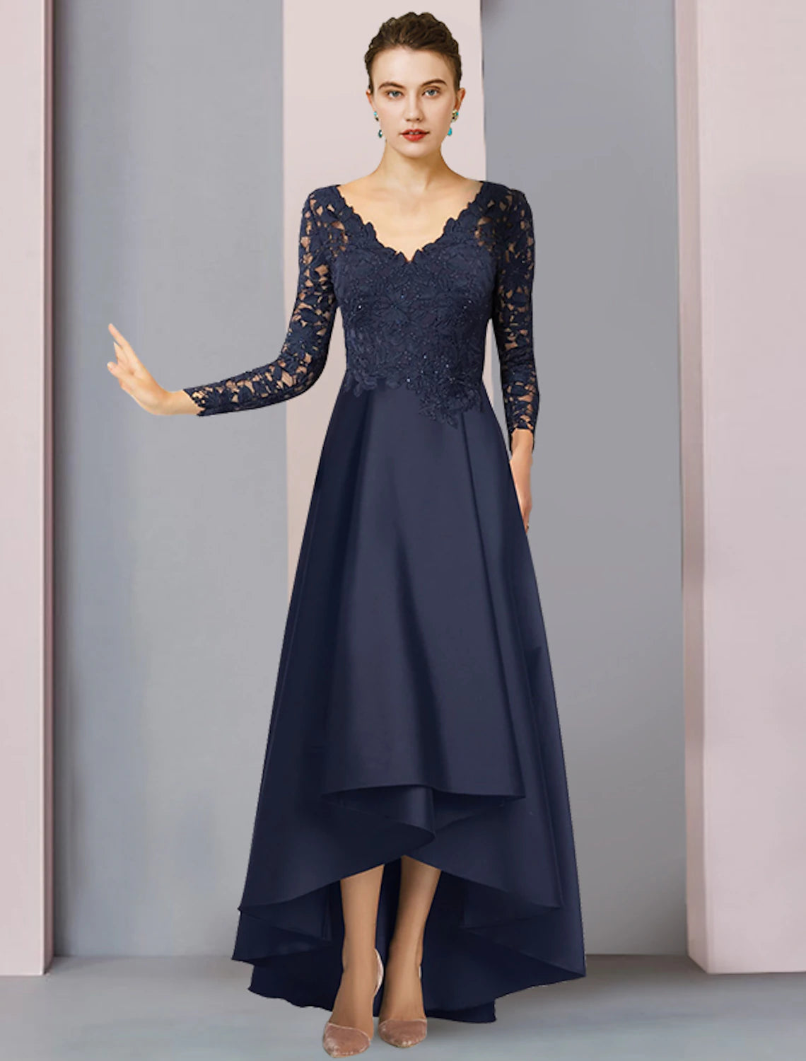 Dark Navy Lace Satin A-Line V-Neck High-Low Dress with Lace Bodice + High-Low Hem