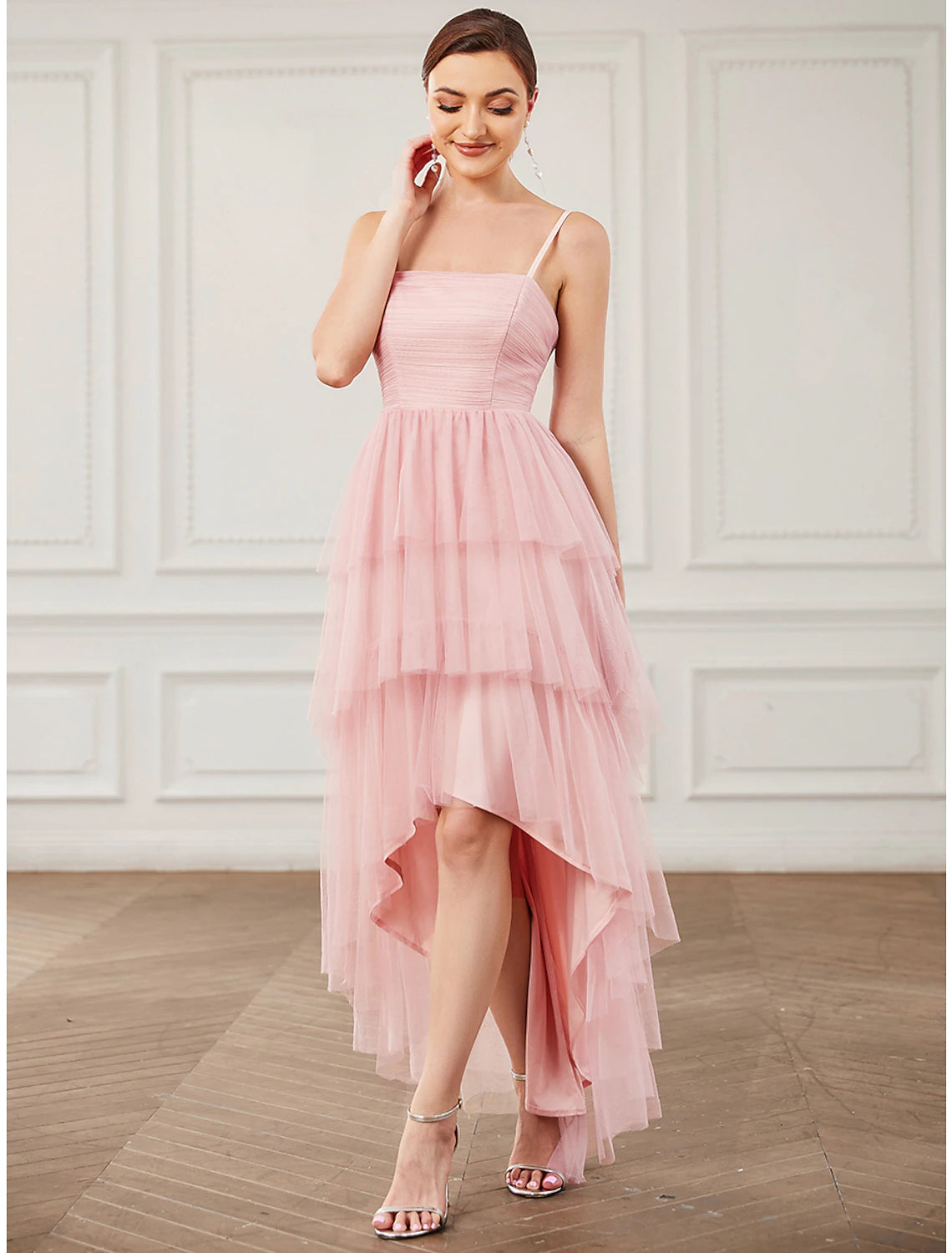 Blushing Pink Tulle A-Line Asymmetrical Bridesmaid Dress
