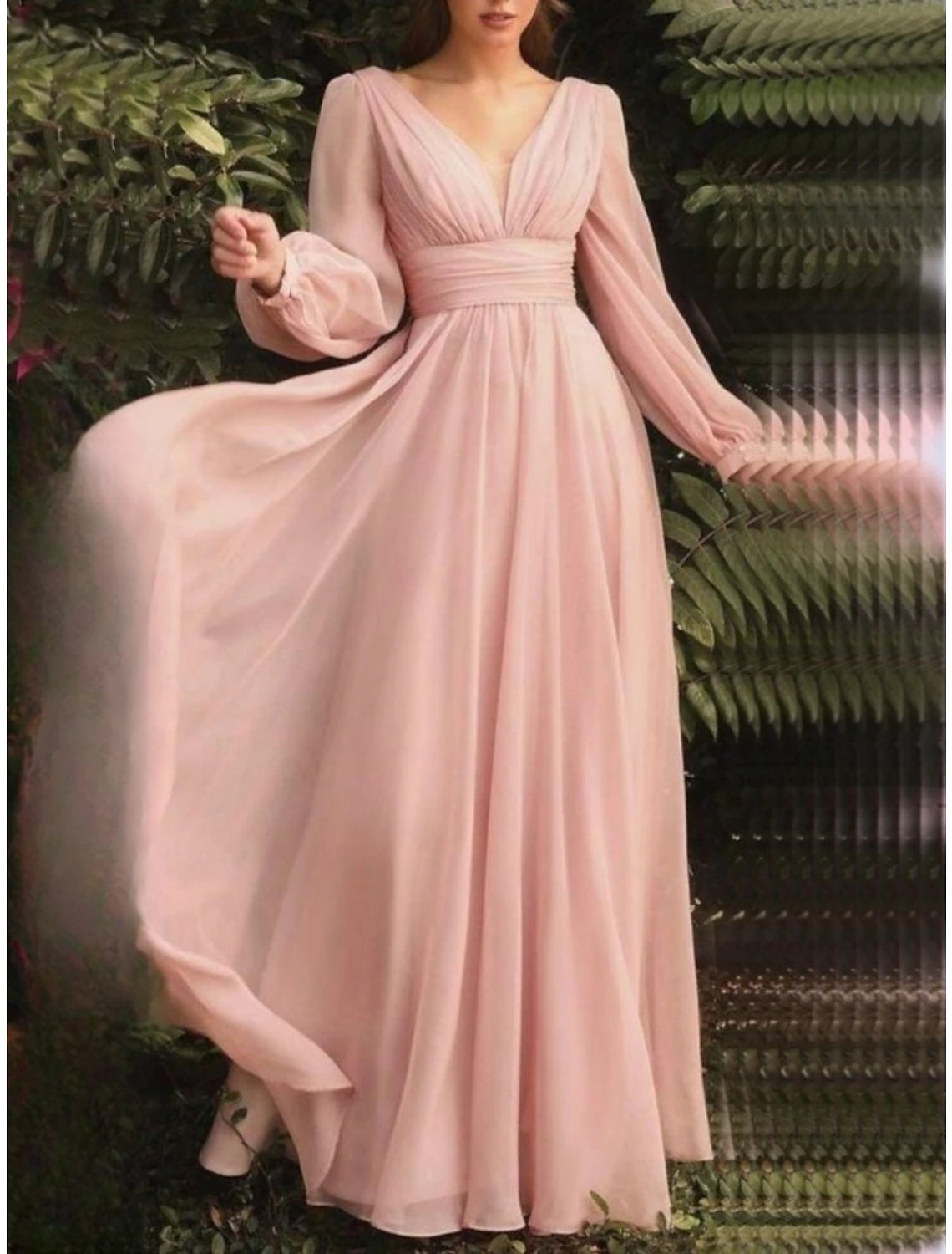 Vestido elegante de fiesta para invitada de boda, corte tubo/columna, largo hasta el suelo, manga larga, escote en V, gasa con pliegues y abertura para invitada de boda de otoño 2025