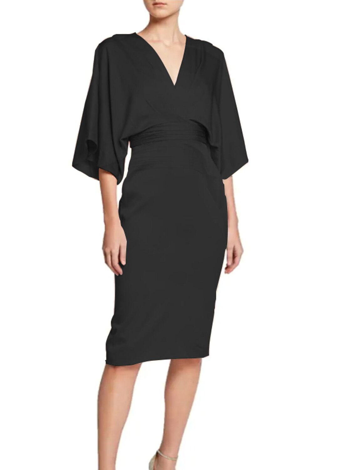 Vestido minimalista de fiesta, cóctel, cumpleaños, escote en V, media manga, largo hasta la rodilla, de satén con faja/cinta.