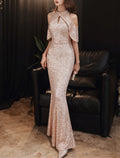 Rose Gold Sequin Mermaid Keyhole Neck Floor-Length Evening Dress
