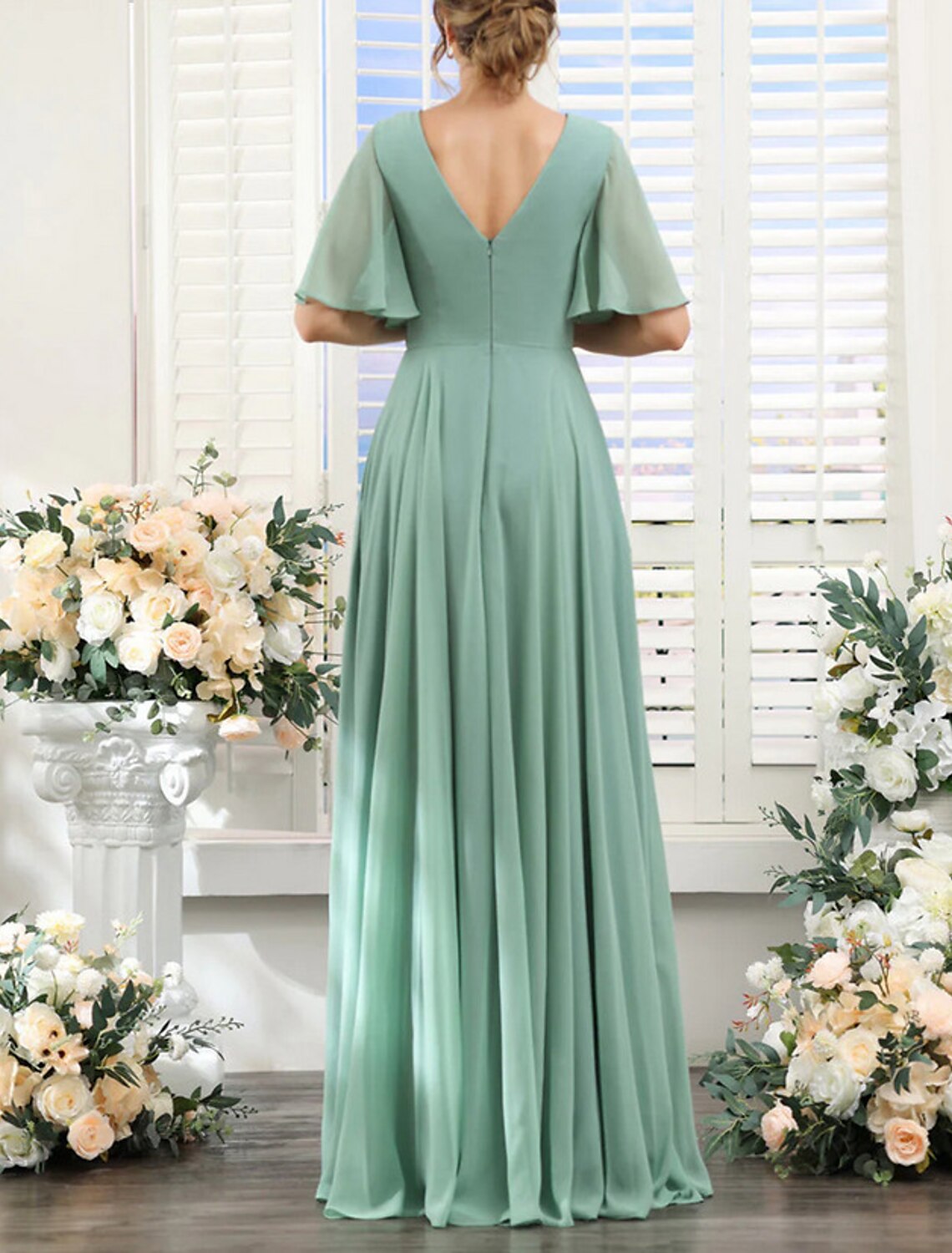 Sage Green Chiffon A-Line Floor-Length Bridesmaid Dress with Ruched V-Neck & Flutter Sleeves