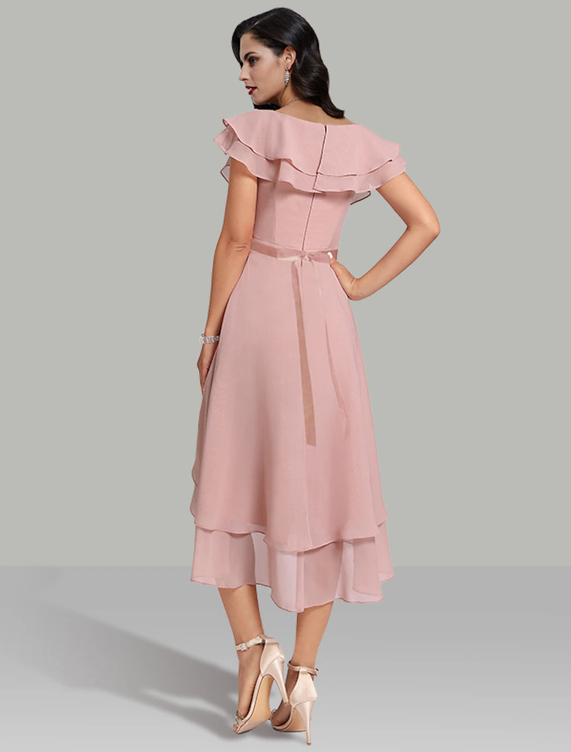 Vestidos de novia de corte A, plisados en capas, para cóctel, semiformal, largo hasta la rodilla, manga corta, escote en V, cinturón/faja de gasa con cuentas