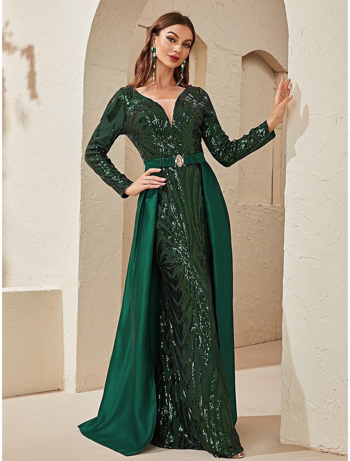 Emerald Sequin Mermaid V-Neck Floor-Length Evening Dress with Overskirt
