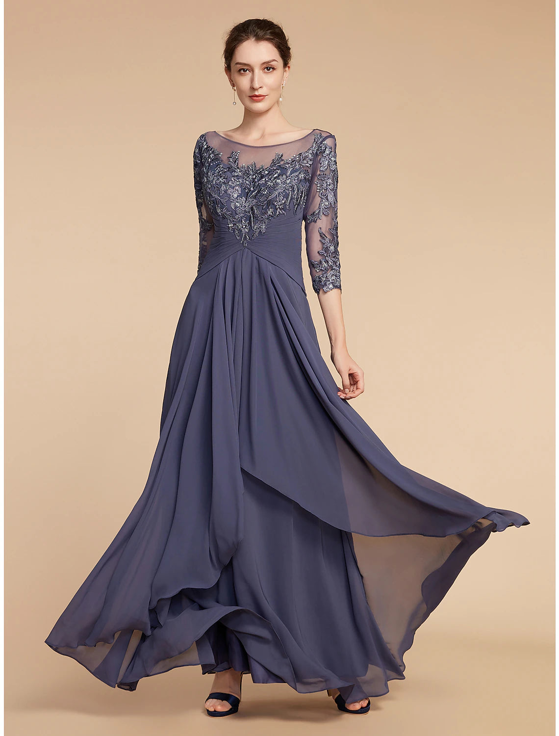 Abito da madre della sposa a trapezio, elegante, con scollo a V, lunghezza al pavimento, in chiffon e pizzo, maniche a 3/4 con applicazioni di volant