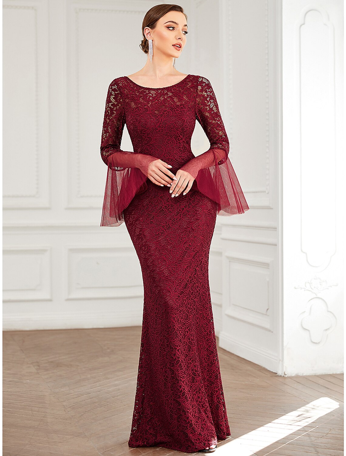 Vestido de sirena/trompeta para madre de la novia, elegante, sexy, con cuello joya, largo hasta el suelo, de encaje, manga larga, con color sólido