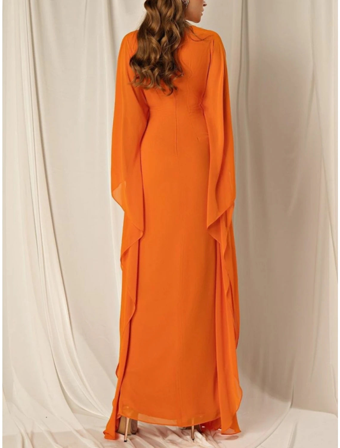 Orange Chiffon A-Line Floor-Length Dress with V-Neck Wrap Bodice and Side Slit
