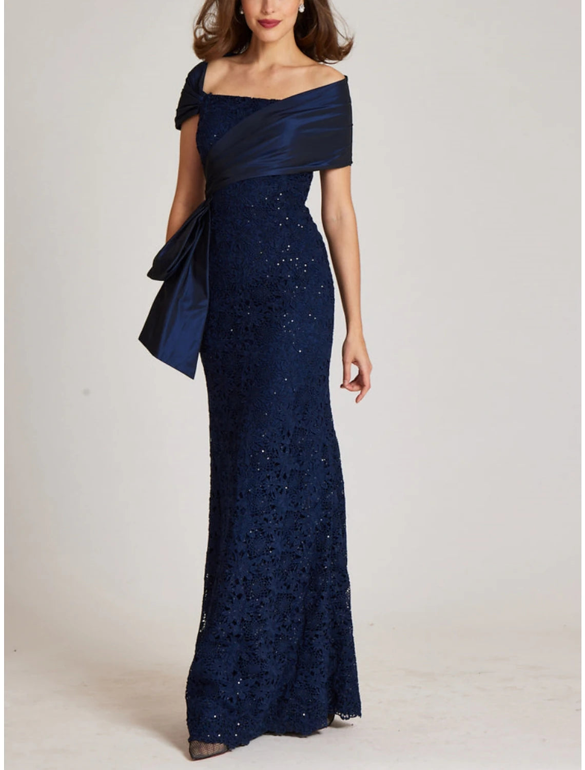 Mermaid / Trumpet Evening Gown Elegant Dress Formal Floor Length Short Sleeve Off Shoulder Lace with Glitter Ruched