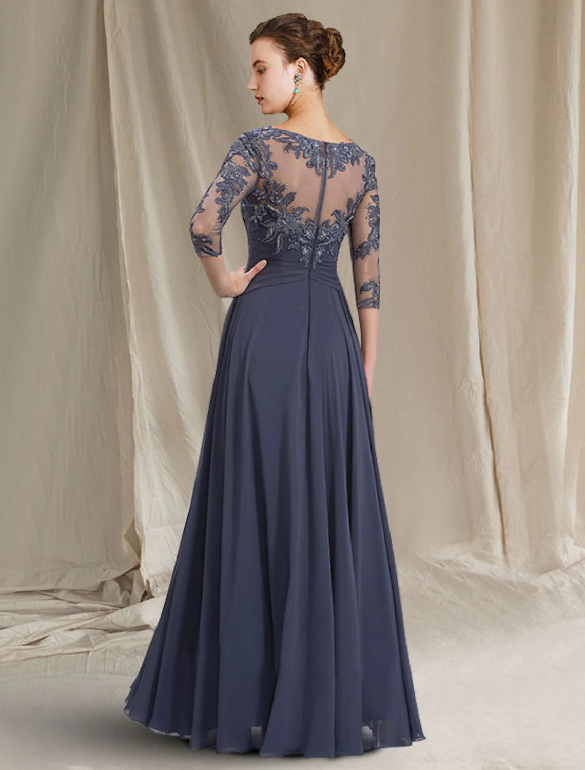 Slate Blue Chiffon A-Line Floor-Length Dress with Boat Neck, Illusion Bodice & Embroidered Sleeves
