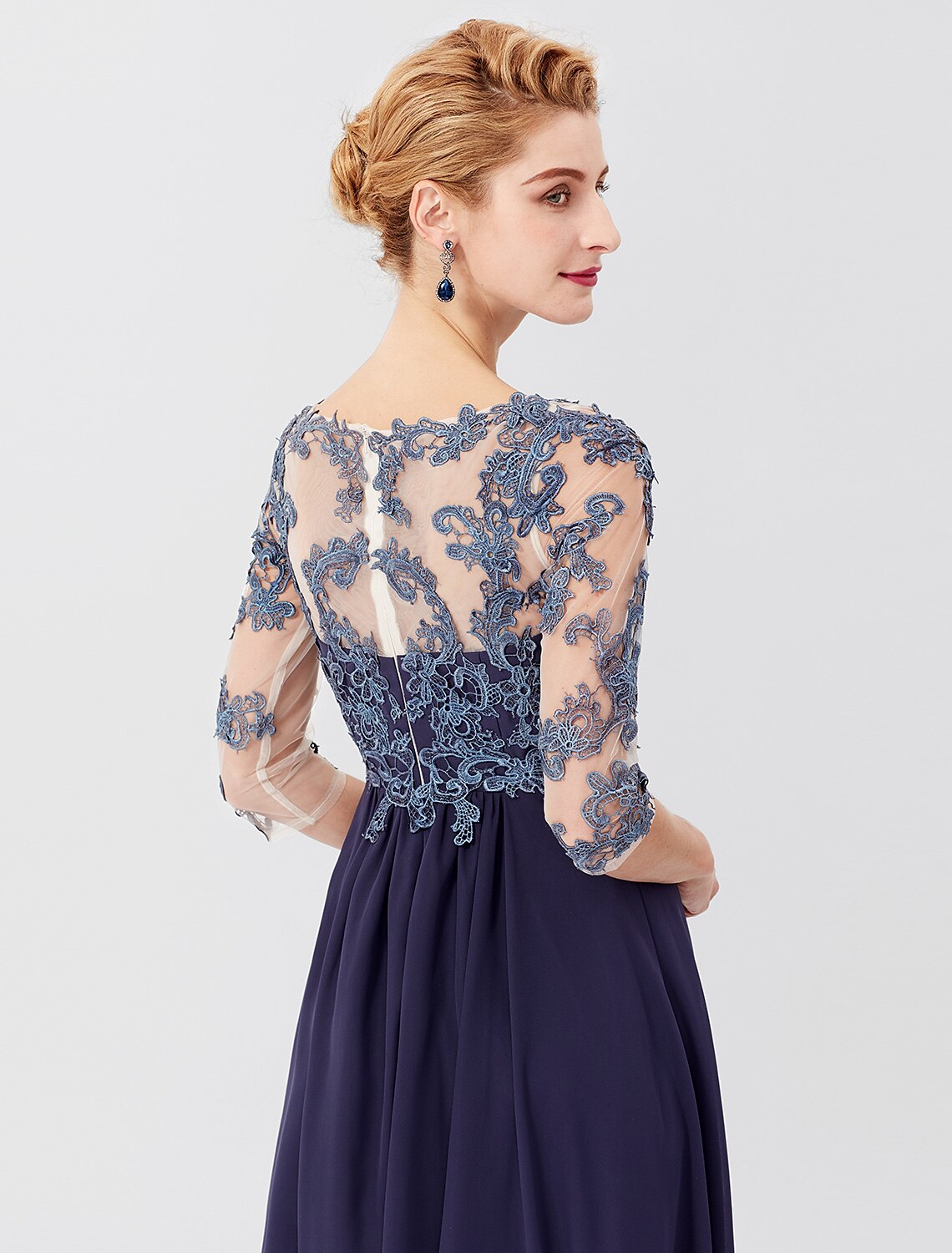 Vestido de fiesta de corte A para madre de la novia, formal, talla grande, elegante, escote en V, largo hasta el suelo, gasa, encaje transparente, manga 3/4 con apliques de cristales