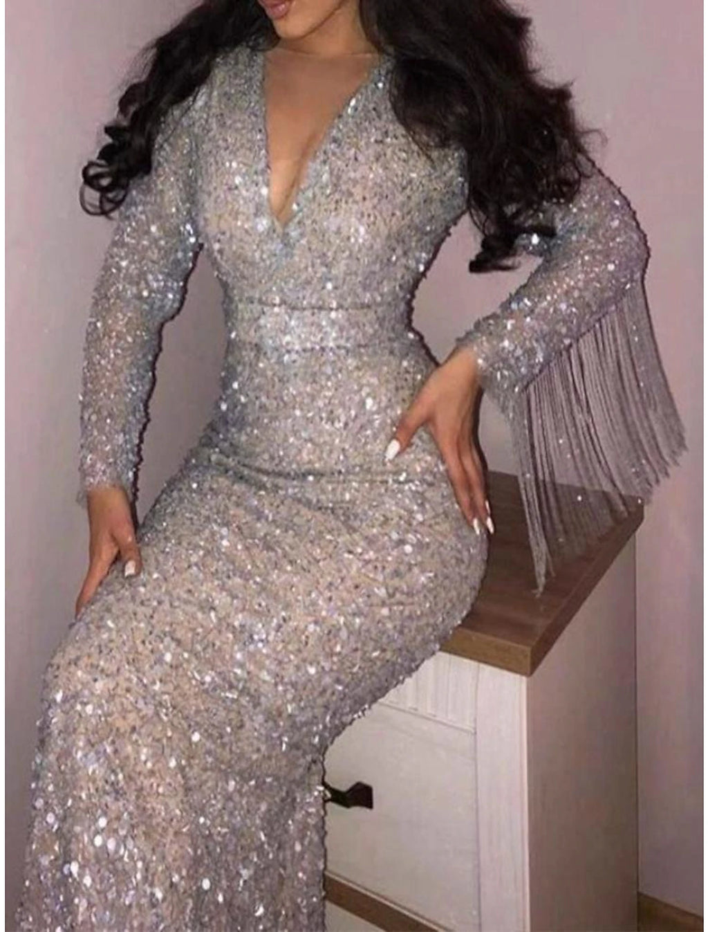 Silver Sequin Mermaid Floor-Length V-Neck Evening Dress with Fringe Sleeves