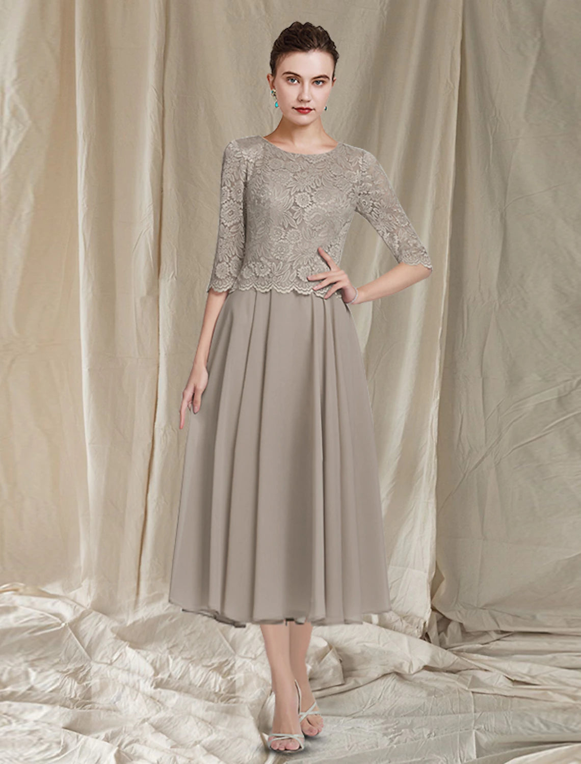 Vestido elegante de dos piezas para madre de la novia, corte en A, estilo iglesia, cuello joya, largo hasta la rodilla, de gasa, encaje, media manga, chaqueta, con apliques