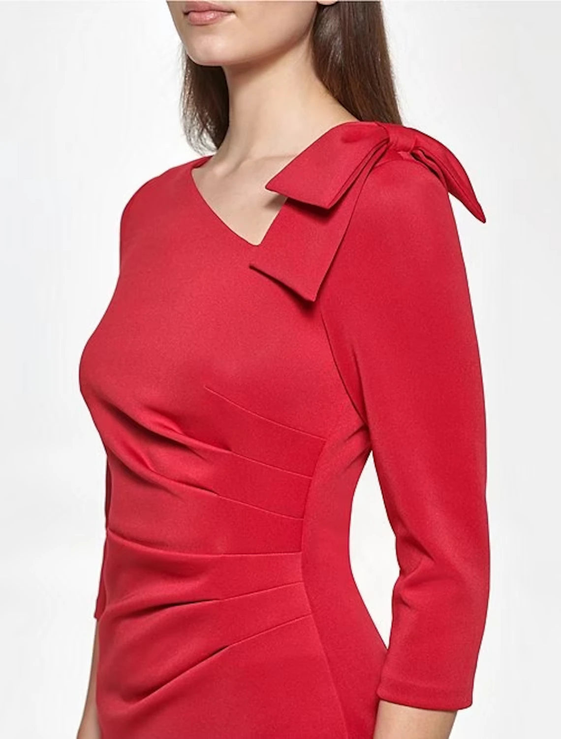 Vestido de noche elegante de sirena/trompeta, largo hasta la rodilla, manga 3/4, escote en V, tela con flores en los hombros.