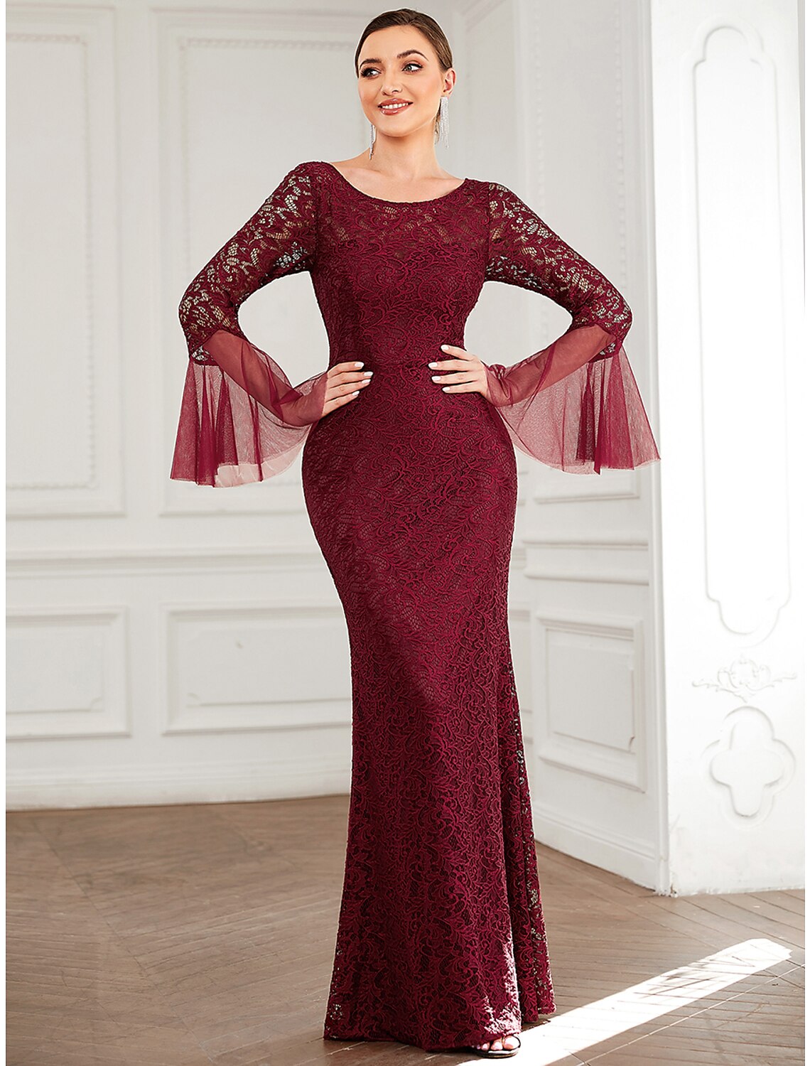 Vestido de sirena/trompeta para madre de la novia, elegante, sexy, con cuello joya, largo hasta el suelo, de encaje, manga larga, con color sólido