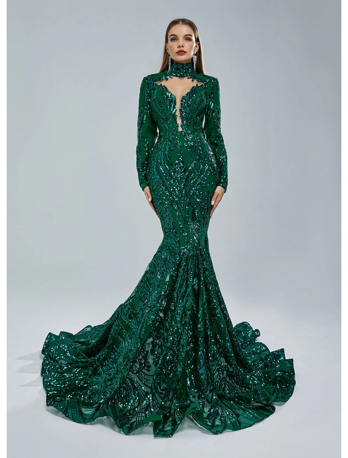 Emerald Sequin Mermaid Floor-Length Evening Dress with High Neck & Illusion Plunging V-neck