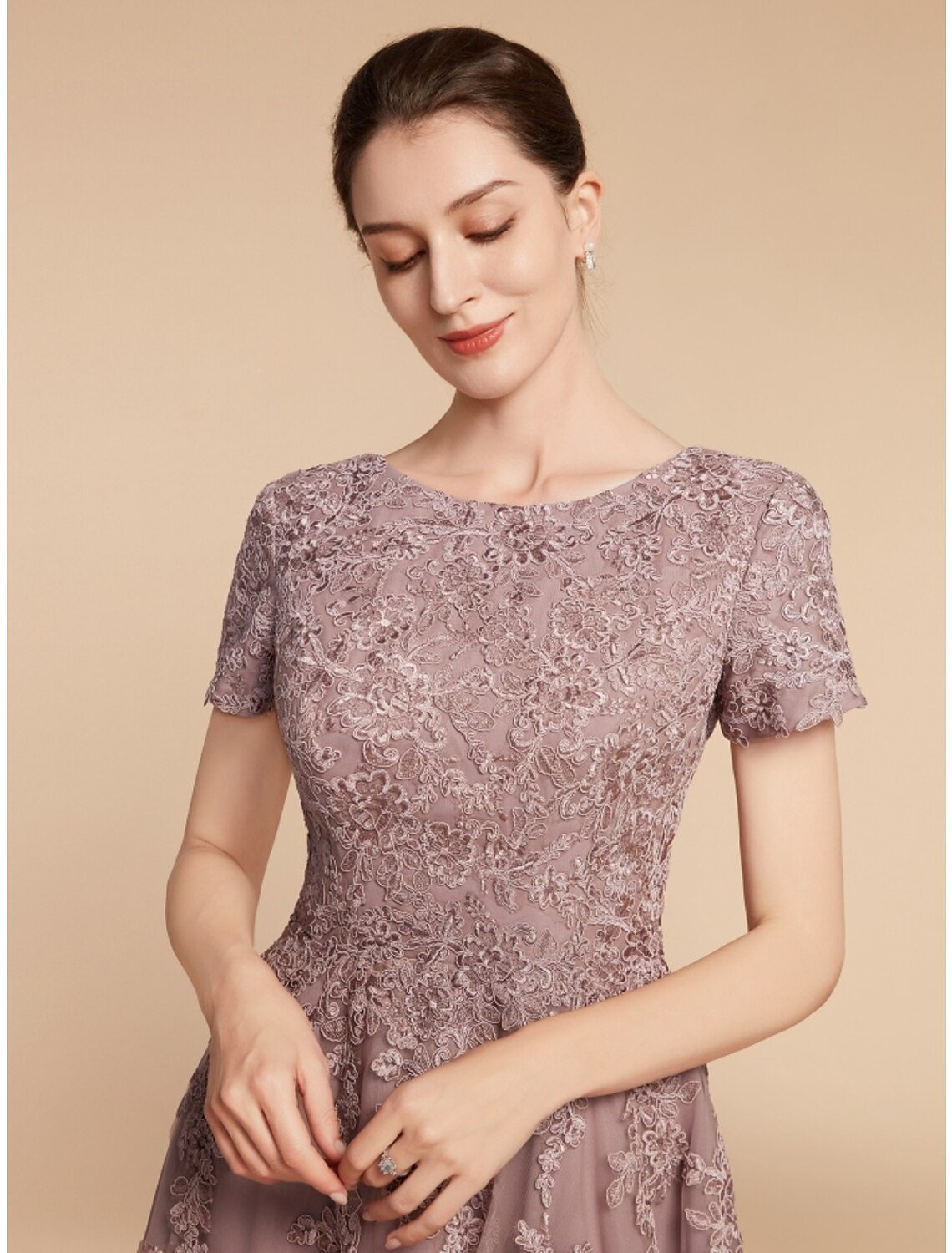Dusty Rose Lace Tulle A-Line Tea-Length Dress with Lace Bodice and Applique Skirt | Jimiss