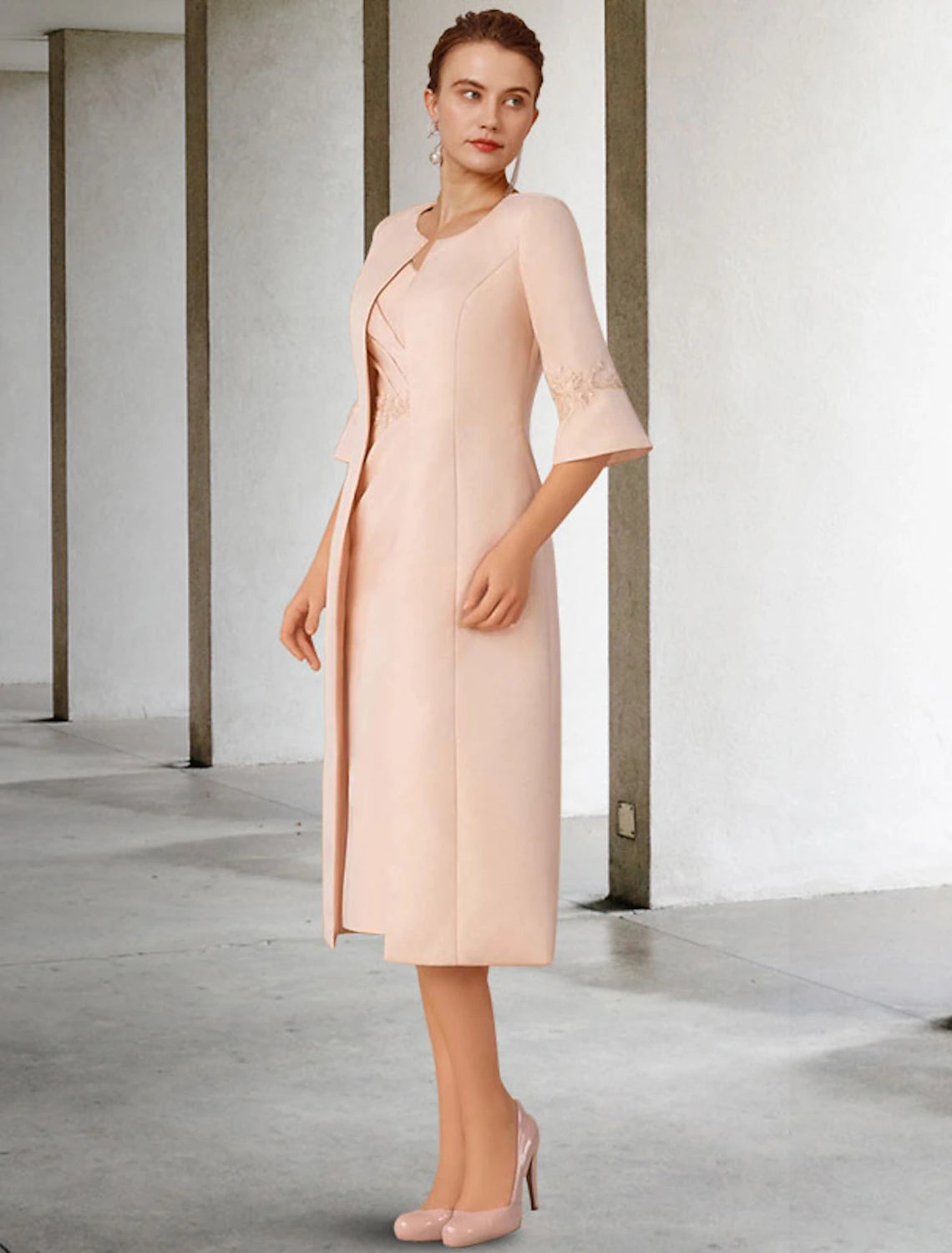 Vestido de Madre de la Novia de Dos Piezas con Corte en Columna/Iglesia Elegante de Invierno con Chaqueta Manga Corta Escote en V Largo hasta la Rodilla Encaje Gasa Apliques Lateral Drapeado