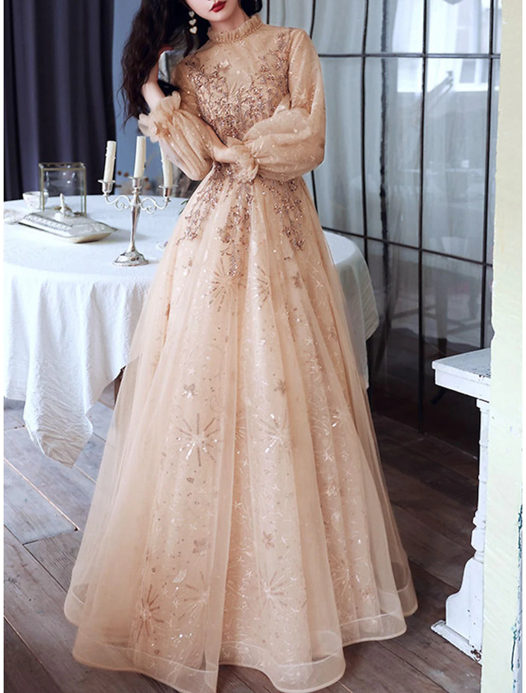 Vestido de noche formal de compromiso elegante con corte A brillante, cuello alto, manga larga, largo hasta el suelo, de tul con lentejuelas