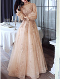 Vestido de noche formal de compromiso elegante con corte A brillante, cuello alto, manga larga, largo hasta el suelo, de tul con lentejuelas